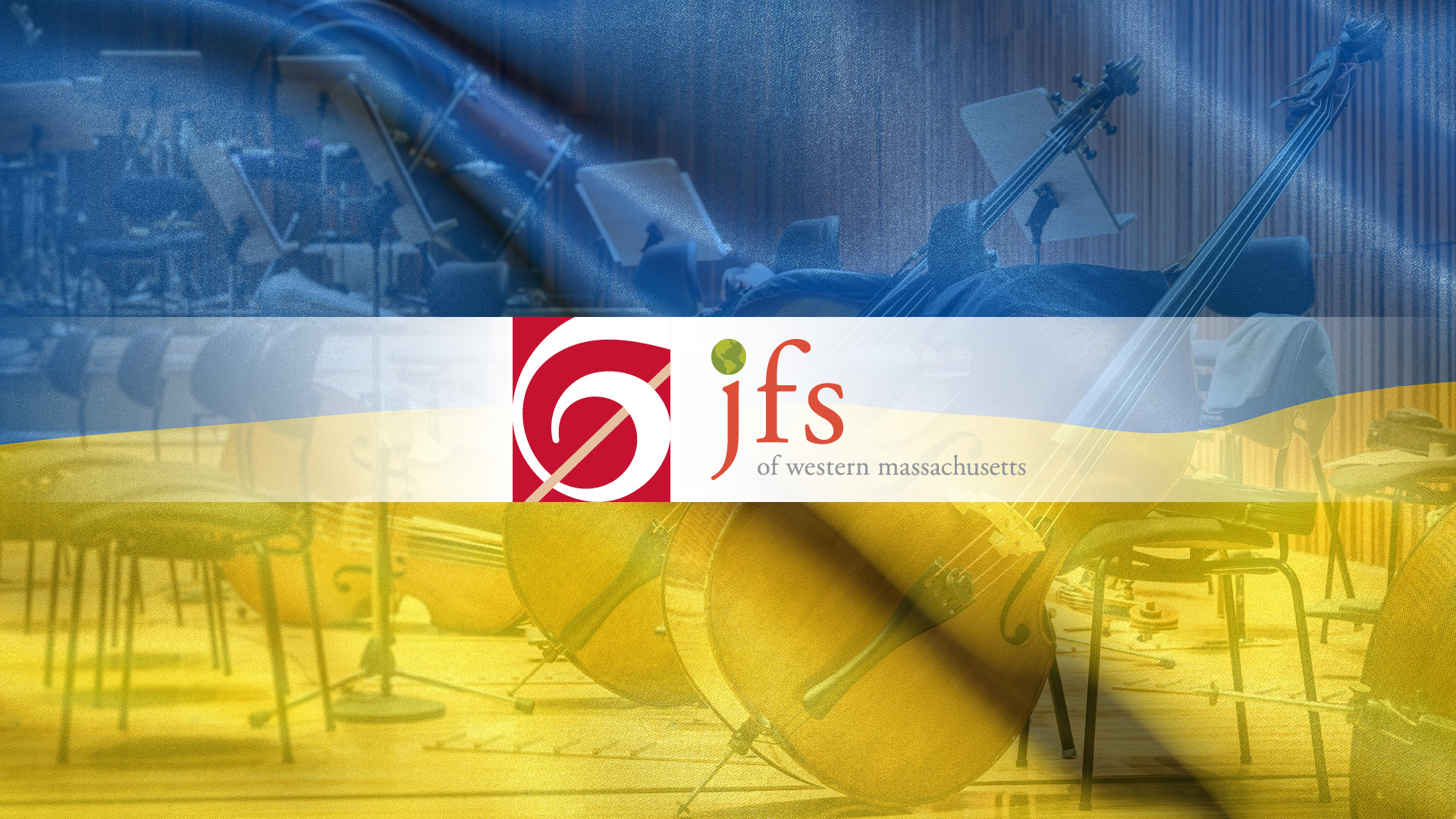 graphic with SSO and JFS logos over background of Ukranian flag and symphonic instruments